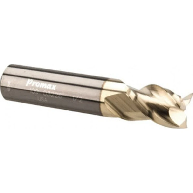 PROMAX Tools 1/2, 5/8 LOC, 1/2 Shank Diam, 2-1/2 OAL, 3 Flute, Solid Carbide Square End Mill Single End, ZrN Finish, ...